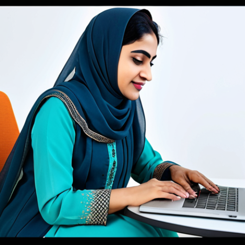 Home 14 ** A professional Urdu-speaking woman in a modest salwar kameez, working on a laptop at a bright and modern co-working space in Karachi. Fully clothed, appropriate attire, safe for work, perfect anatomy, natural proportions, professional photography, high quality.
**