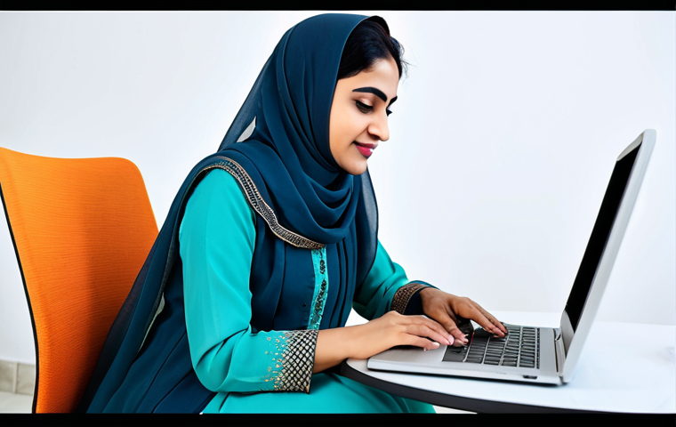 ** A professional Urdu-speaking woman in a modest salwar kameez, working on a laptop at a bright and modern co-working space in Karachi. Fully clothed, appropriate attire, safe for work, perfect anatomy, natural proportions, professional photography, high quality.

**